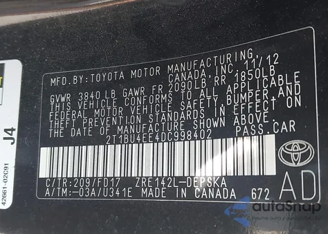 2013 Toyota Corolla S z USA, uszkodzony, nr VIN 2T1BU4EE4DC998402